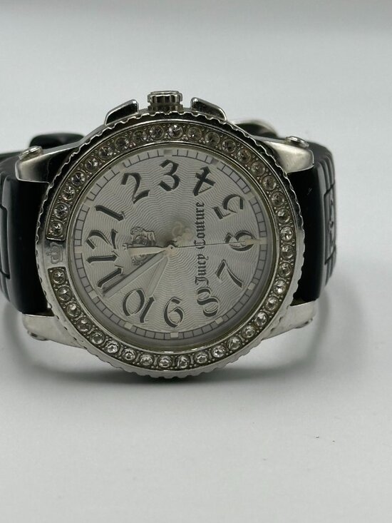 Juicy Couture Watch Women Silver Tone Crystal Bezel Black Silicone Band 8.5\